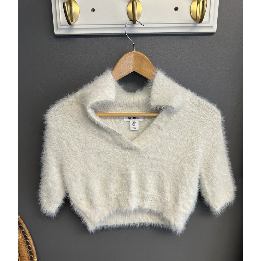 William Rast Womens S Sweater Fuzzy Knit Collared Cropped Sweater Ivory Cozy Y2K